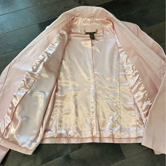 IMAN Pink 100% Genuine Leather Moto Zip Jacket Woman Size Large Large Collar - Picture 4 of 9